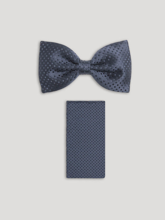 Blue tone on tone polkadot bowtie with matching handkerchief.