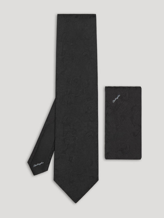 Black silk tie with matching handkerchief.
