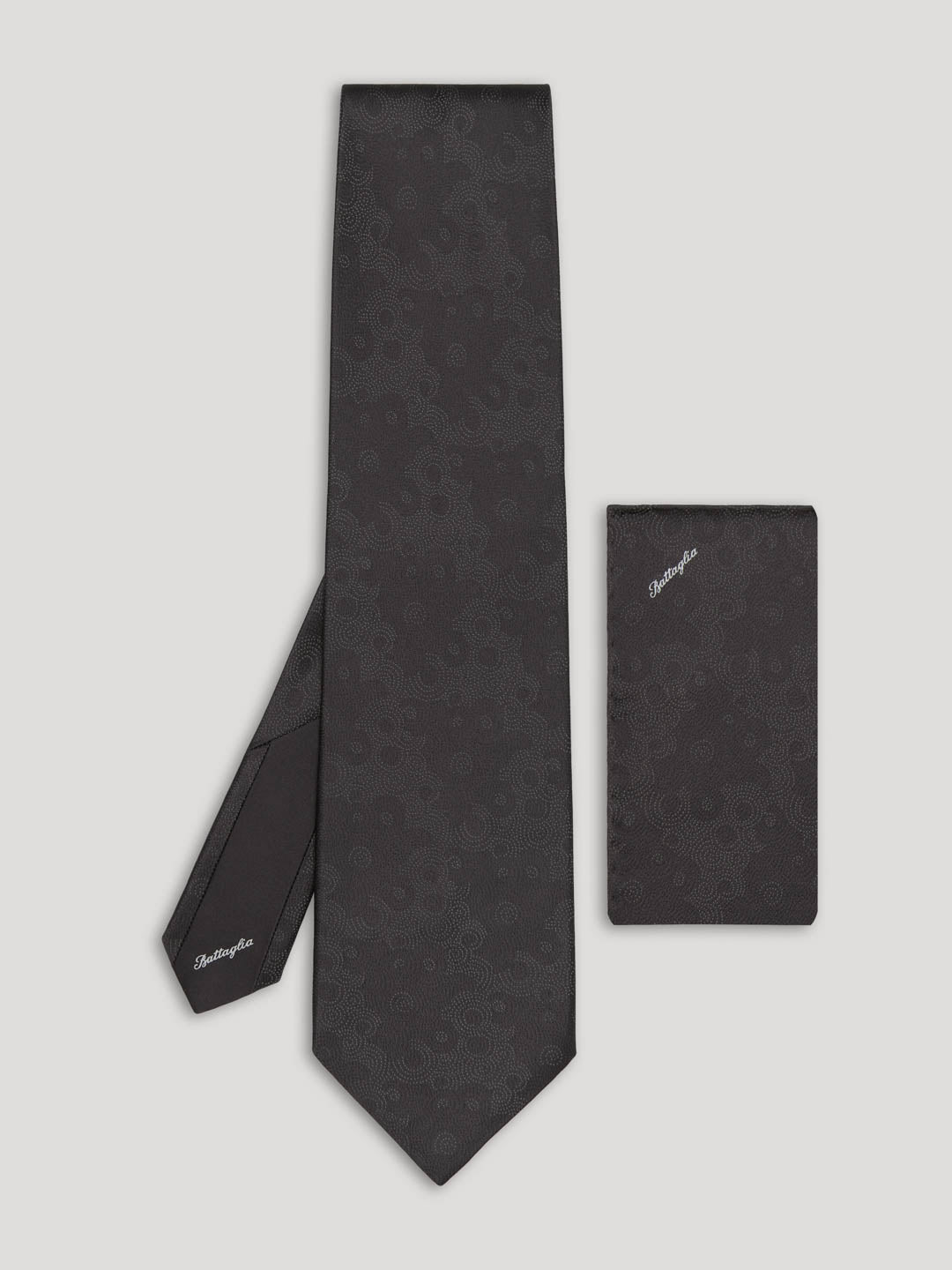 Black tone on tone silk tie with matching handkerchief.