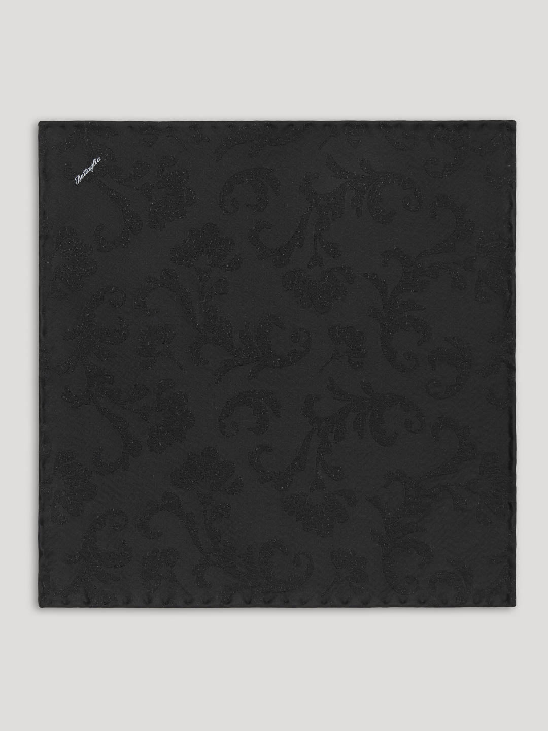 Black tone on tone silk handkerchief with floral details.