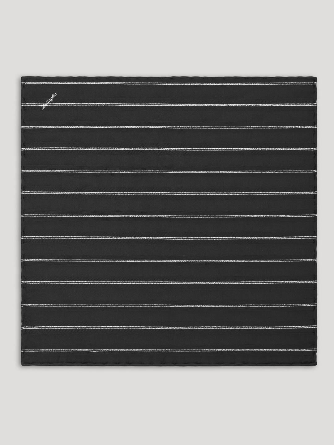 Black silk handkerchief with silver stripes.