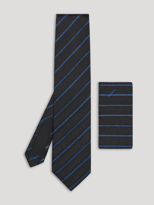 Black silk tie with blue stripes and matching handkerchief.