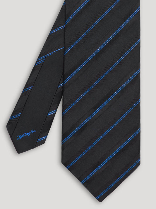 Black silk tie with blue stripes.