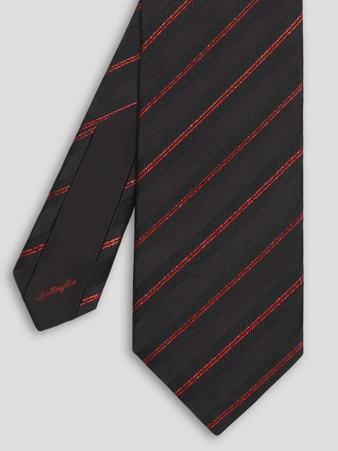 Black tie with red stripes.