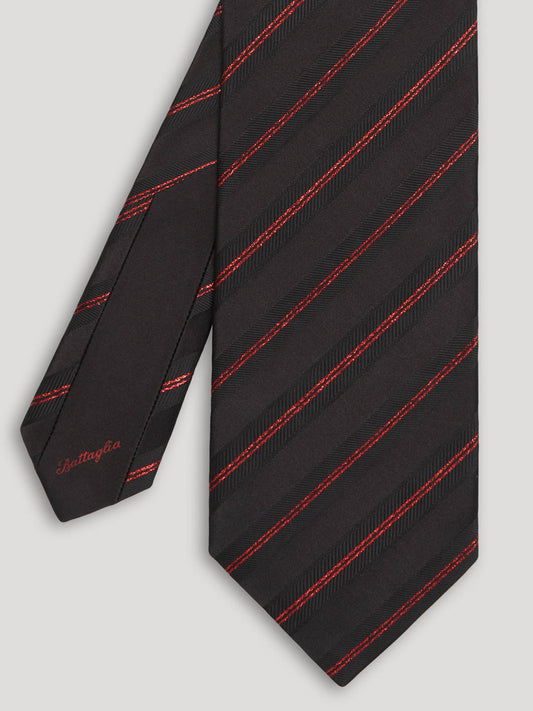 Black tie with red stripes.