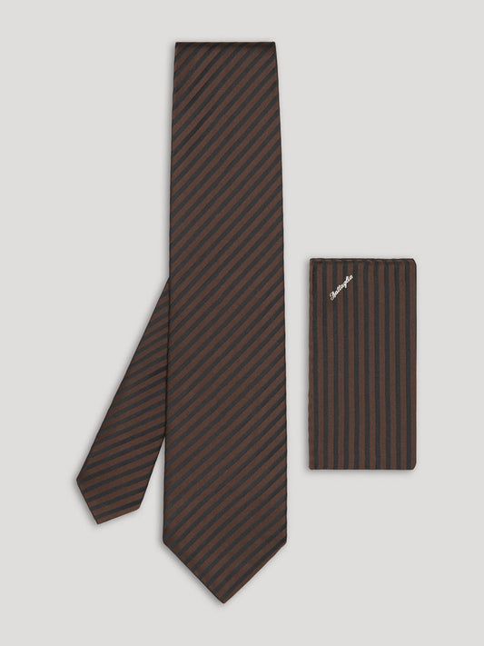 Brown and black stripe tie with handkerchief.