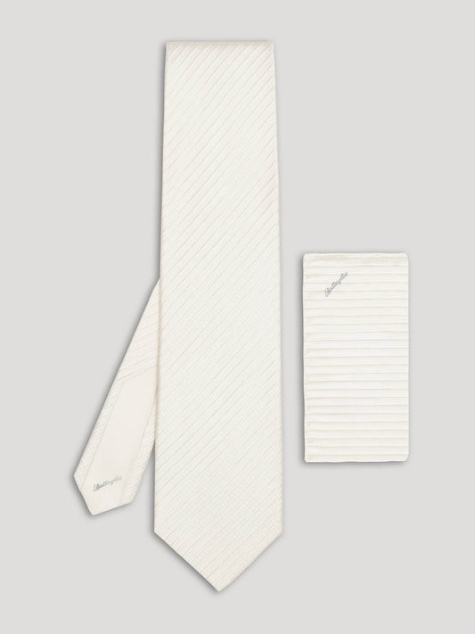 White striped tie with handkerchief.