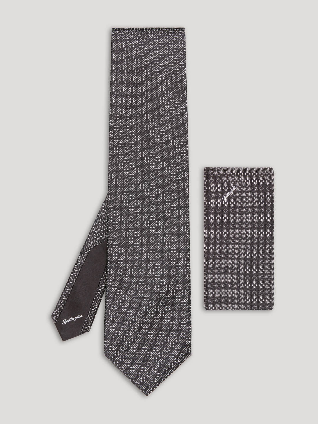 Grey and silver silk tie with handkerchief.