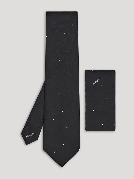 Black floral and polkadot silk tie with handkerchief.