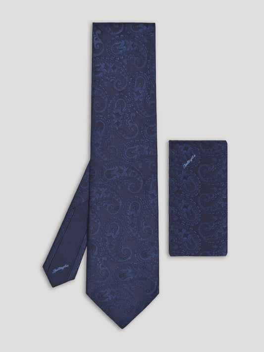 Blue paisley tie with handkerchief. 