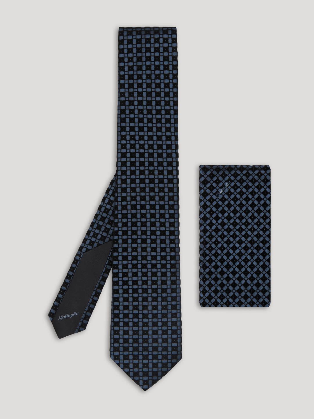 Blue check pattern with handkerchief.
