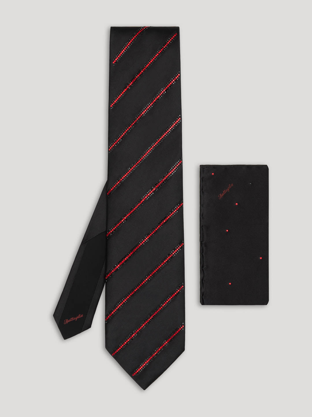 Black tie with Swarovski red stripes and matching handkerchief.