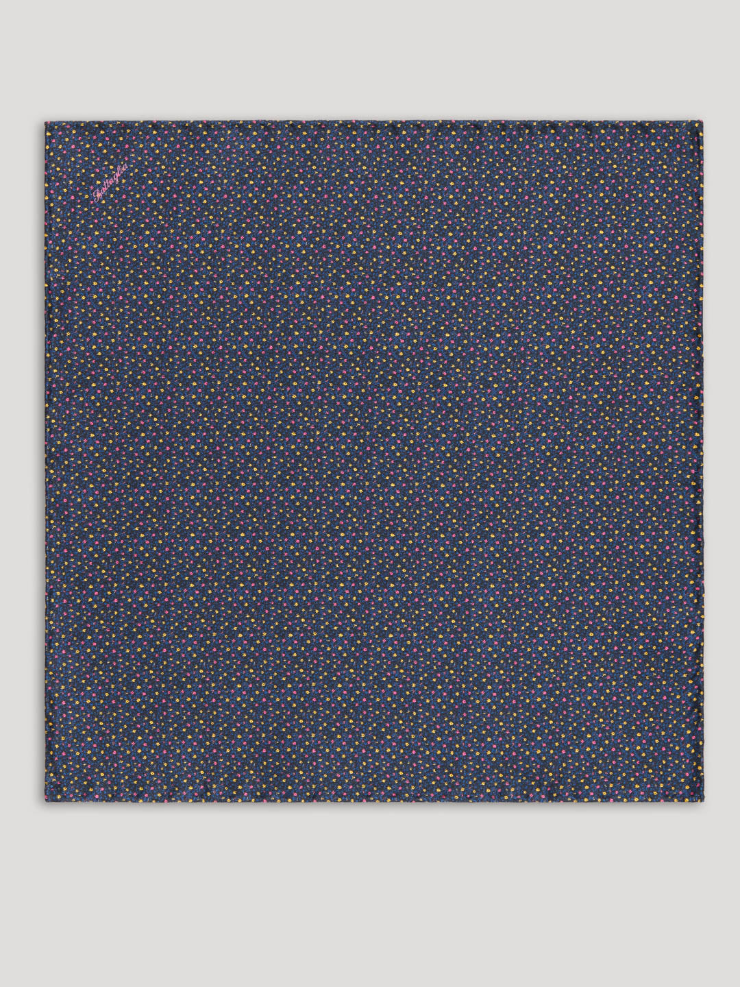 Navy blue floral handkerchief with pink and yellow floral details.