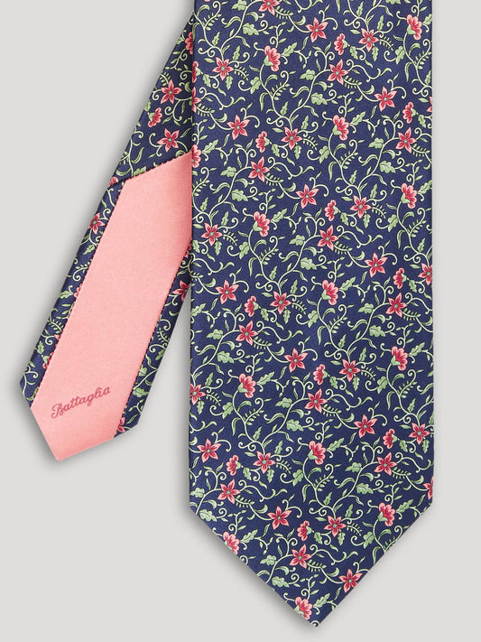 Navy tie with pink and green flowers.