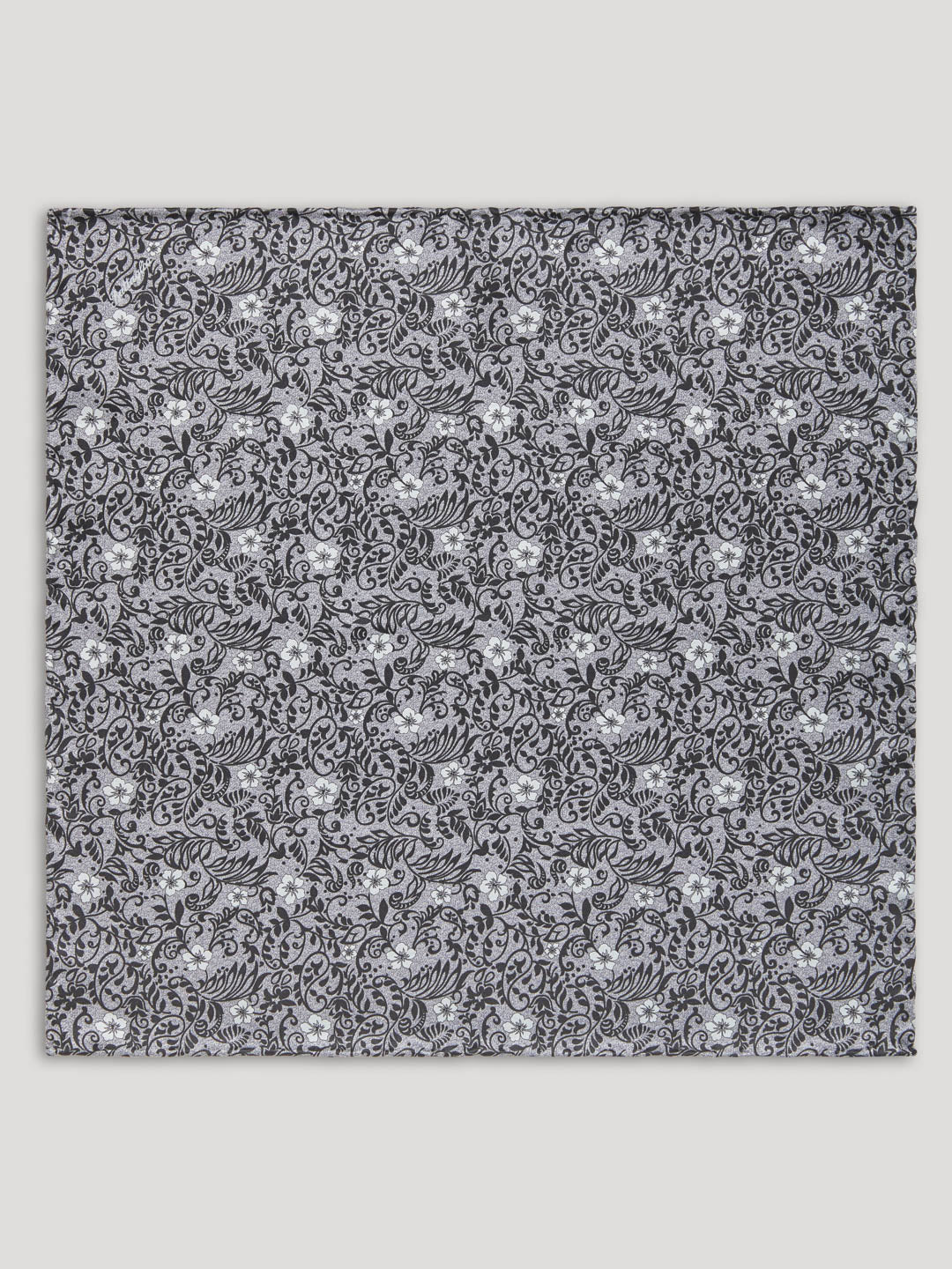 Black and silver handkerchief with floral details.