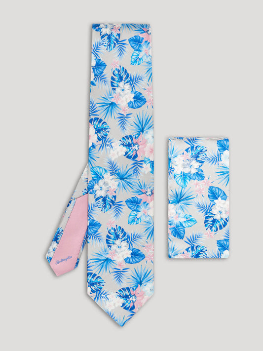 Silver, blue, and pink Hawaiian print floral tie with matching handkerchief.
