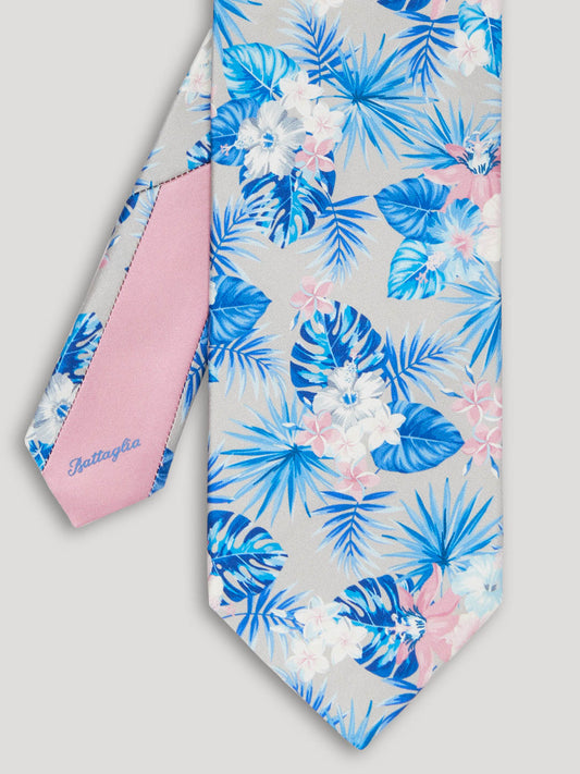 Silver, blue, and pink Hawaiian print floral tie.