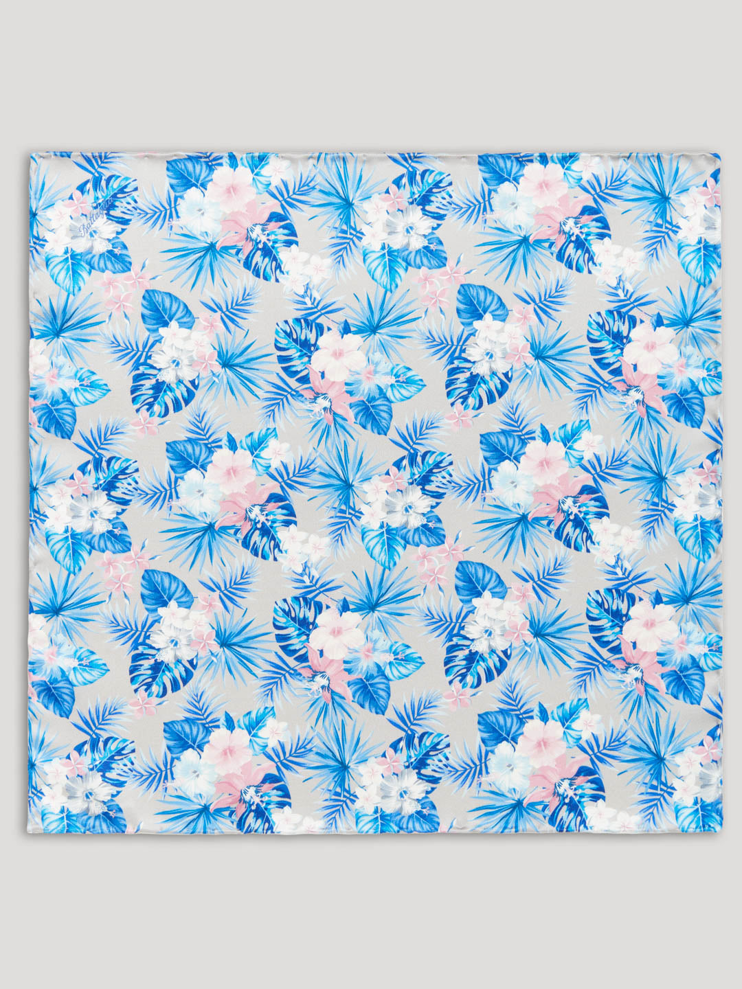 Silver, blue, and pink Hawaiian print handkerchief.