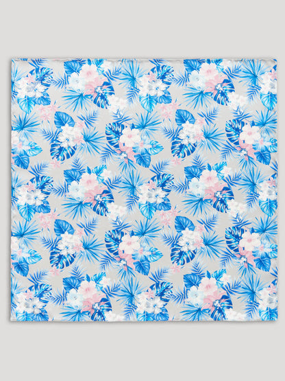 Silver, blue, and pink Hawaiian print handkerchief. 