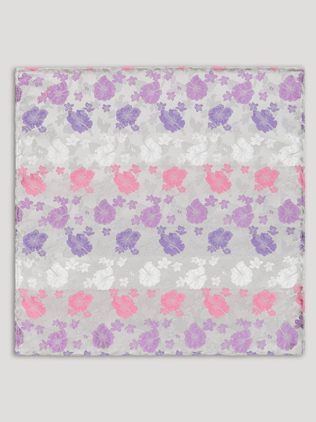 Silver handkerchief with pink and purple flowers.