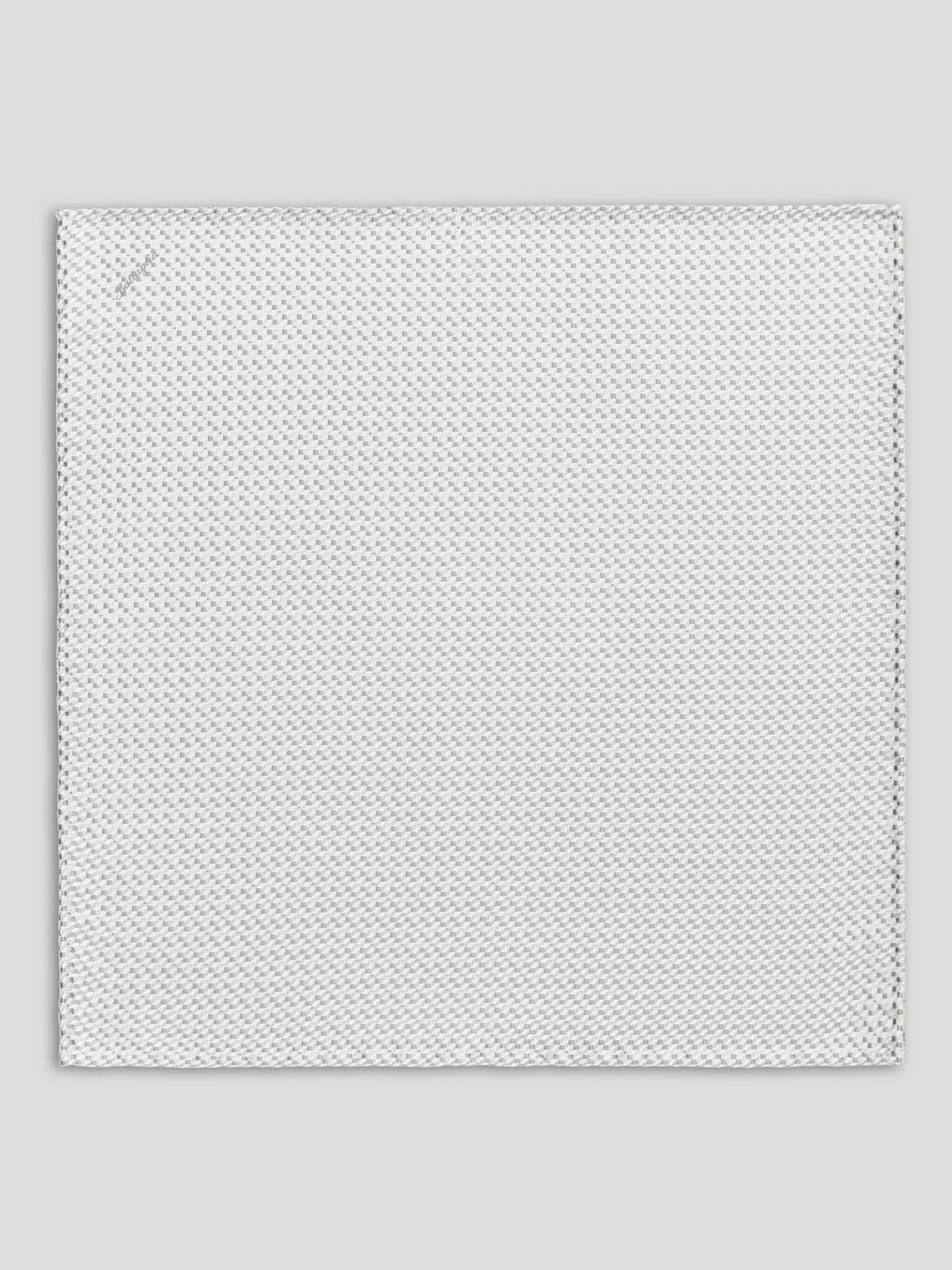 Silver handkerchief with grey geometric details.