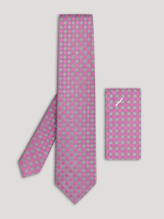 Purple, pink, and grey tie with diamond design and matching handkerchief. 