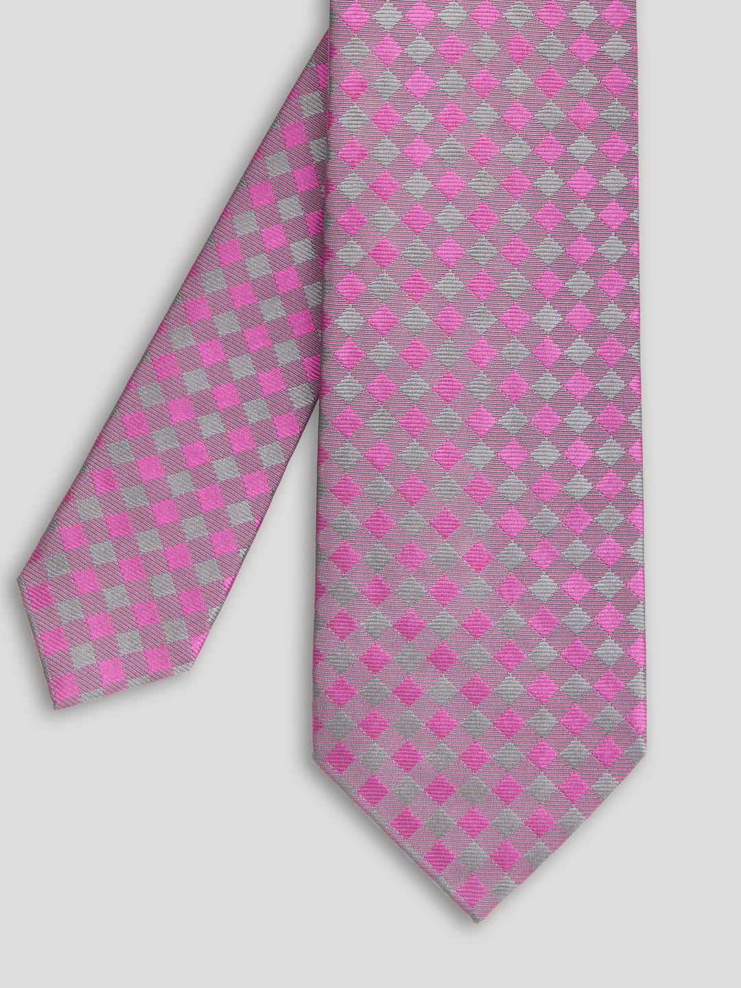 Purple, pink, and grey tie with diamond design. 