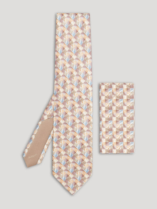 Beige geometric pattern tie with matching handkerchief. 