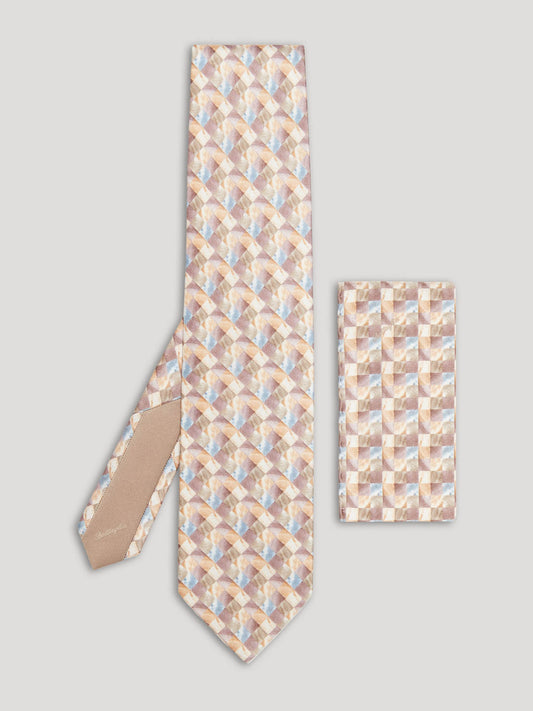 Beige geometric pattern tie with matching handkerchief.