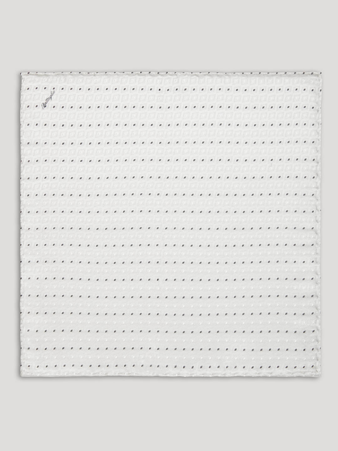 Silver handkerchief with pinpoint geometric design.