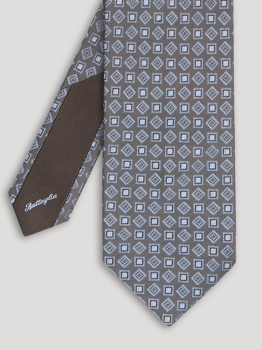 Grey tie with diamond and square design.
