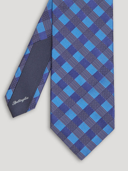 Blue and black geometric design tie. 