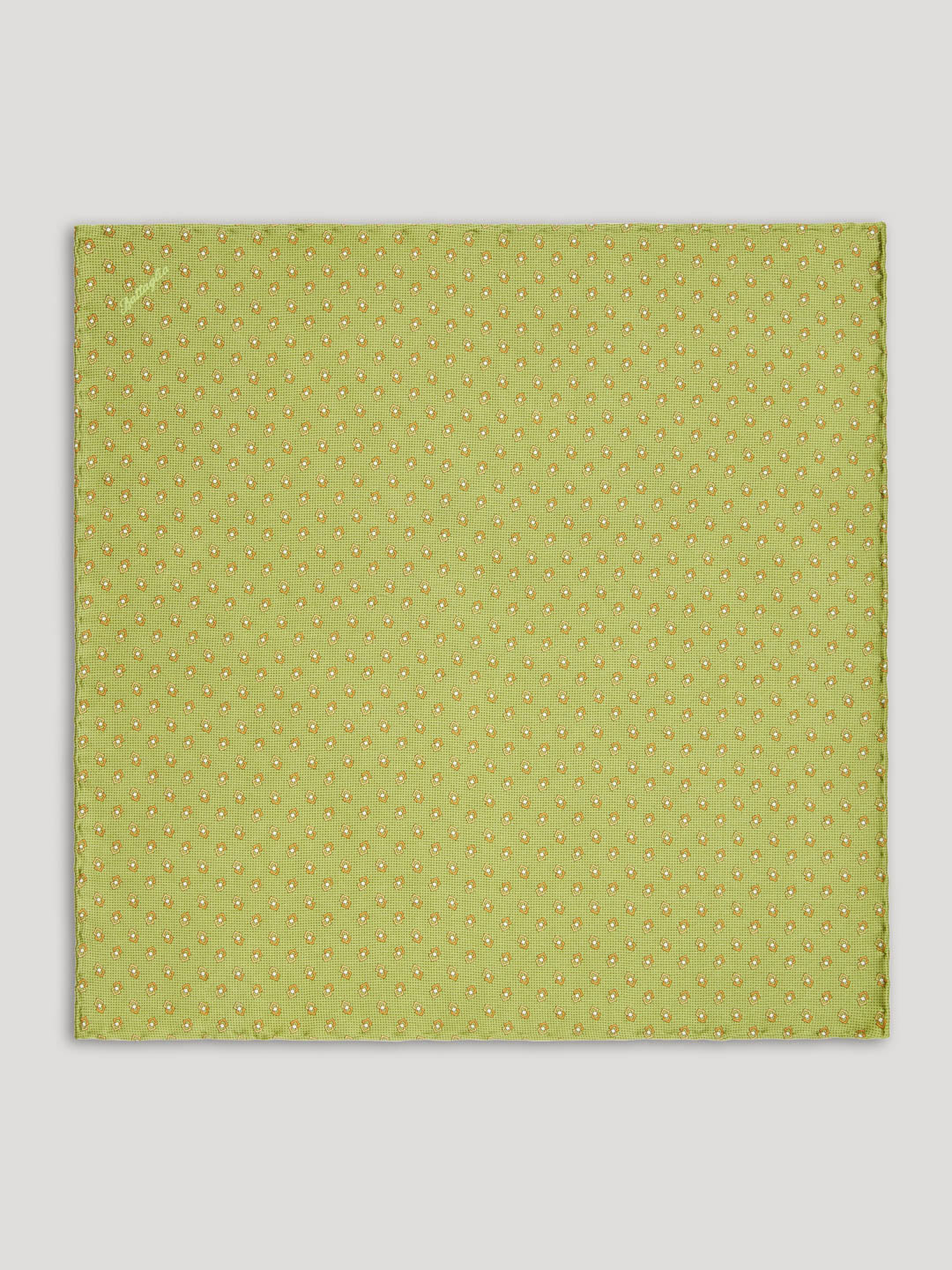 Lime green handkerchief with gold diamond design. 