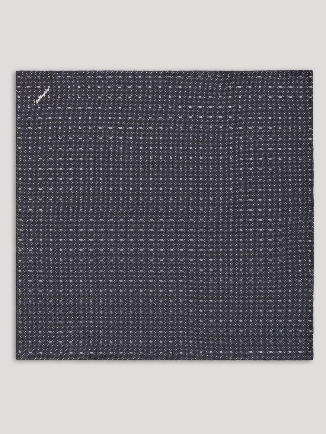 Black handkerchief with silver geometric design.