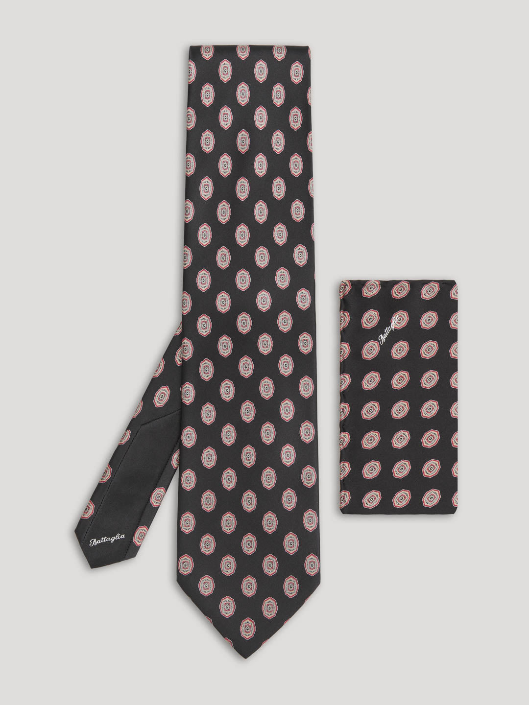 Black tie with silver large pattern with matching handkerchief