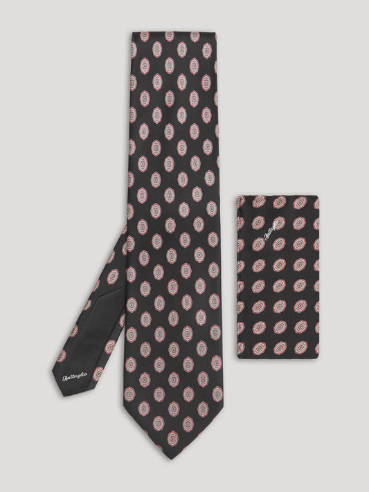 Black tie with silver large pattern with matching handkerchief