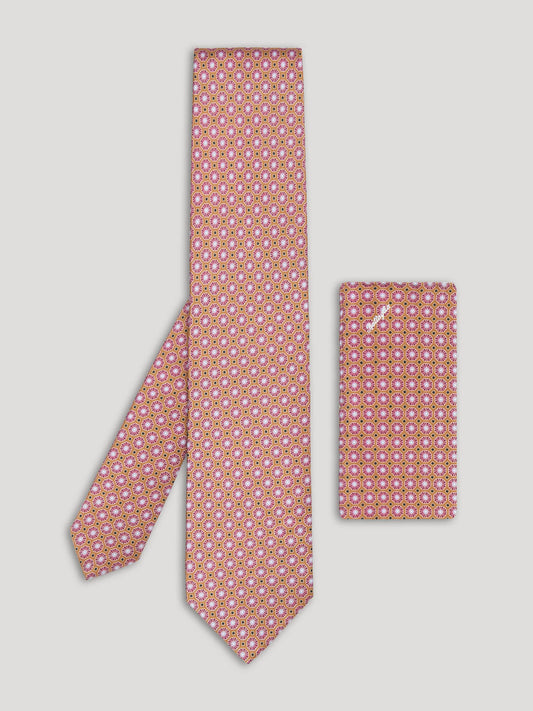 Purple pink and brown tie with large pattern and matching handkerchief