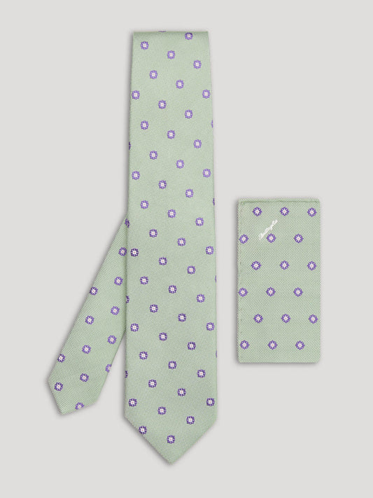 Green and purple tie with large pattern and matching handkerchief