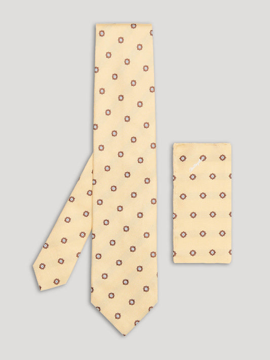 Yellow and brown tie with large pattern and matching handkerchief