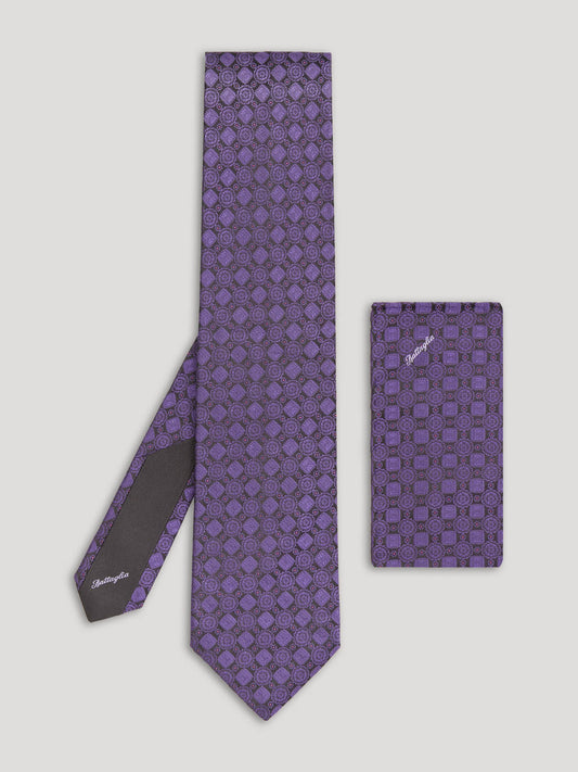 Purple and black silk tie with large pattern and matching handkerchief