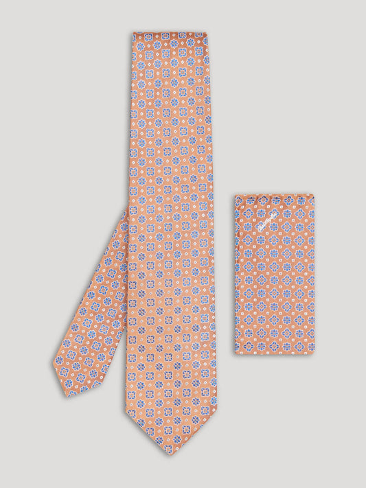 Orange and blue silk tie with large pattern and matching handkerchief