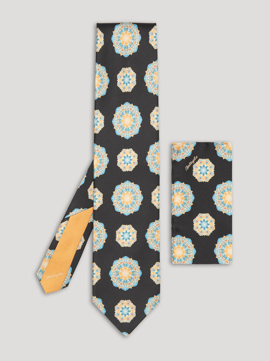 Yellow blue and black silk tie with large pattern and matching handkerchief