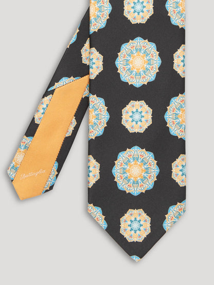 Yellow blue and black silk tie with large pattern