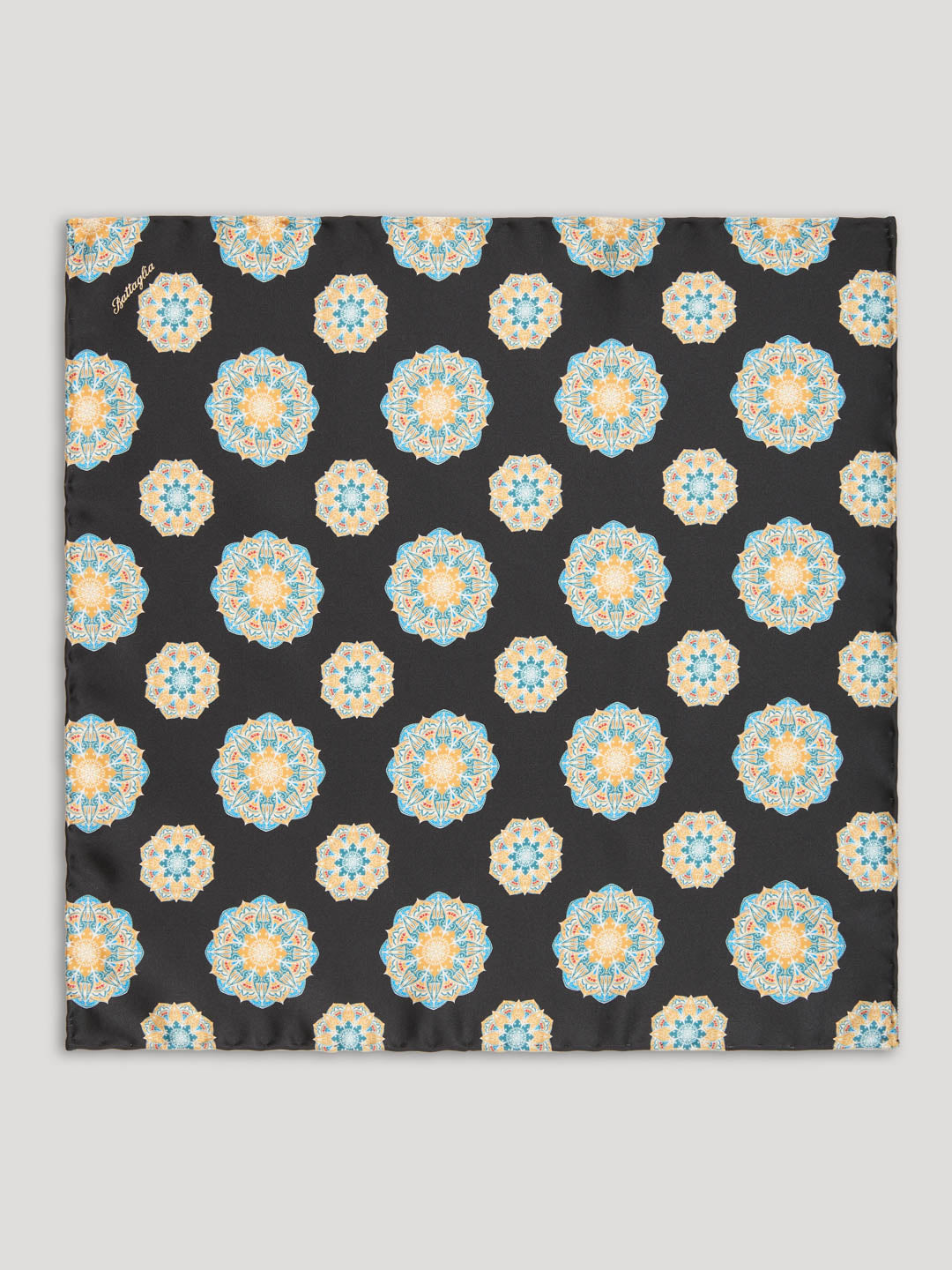 Yellow blue and black silk handkerchief with large pattern