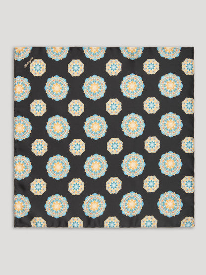 Yellow blue and black silk handkerchief with large pattern