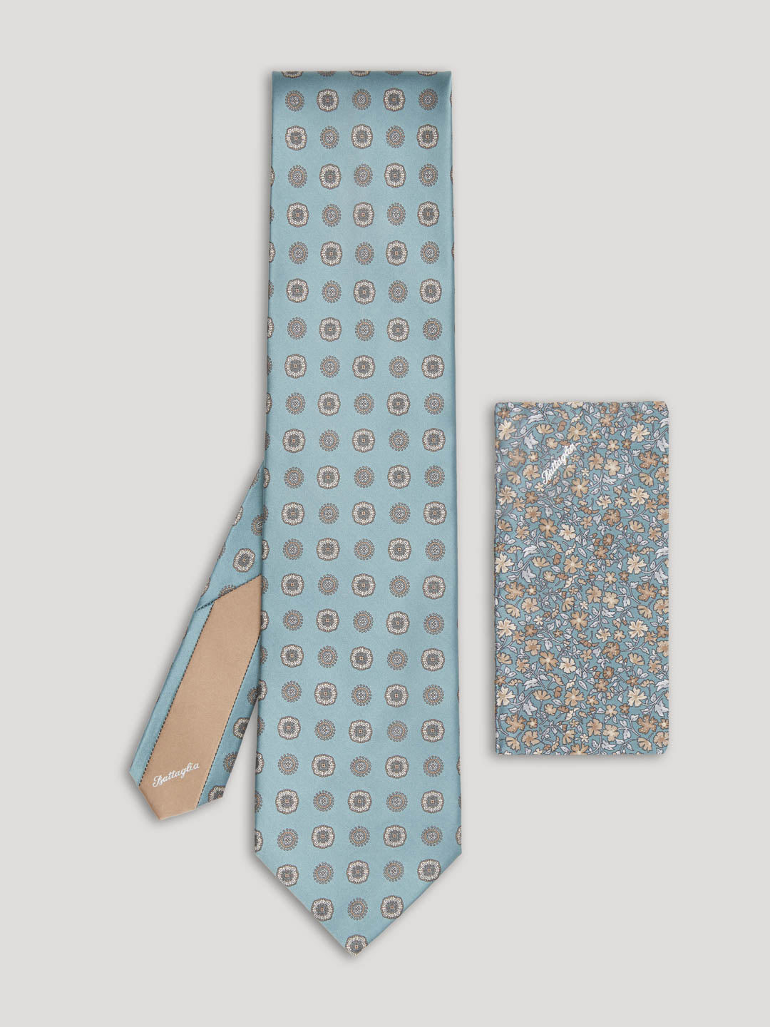 Silver, green and beige silk tie with large pattern and matching handkerchief