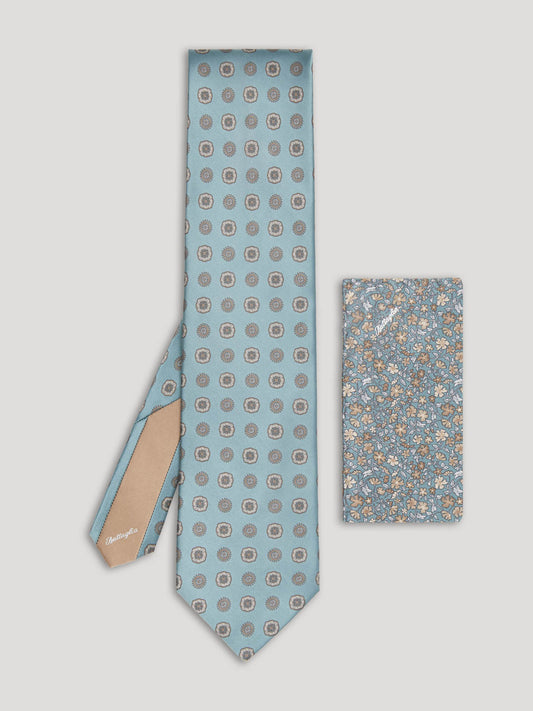 Silver, green and beige silk tie with large pattern and matching handkerchief