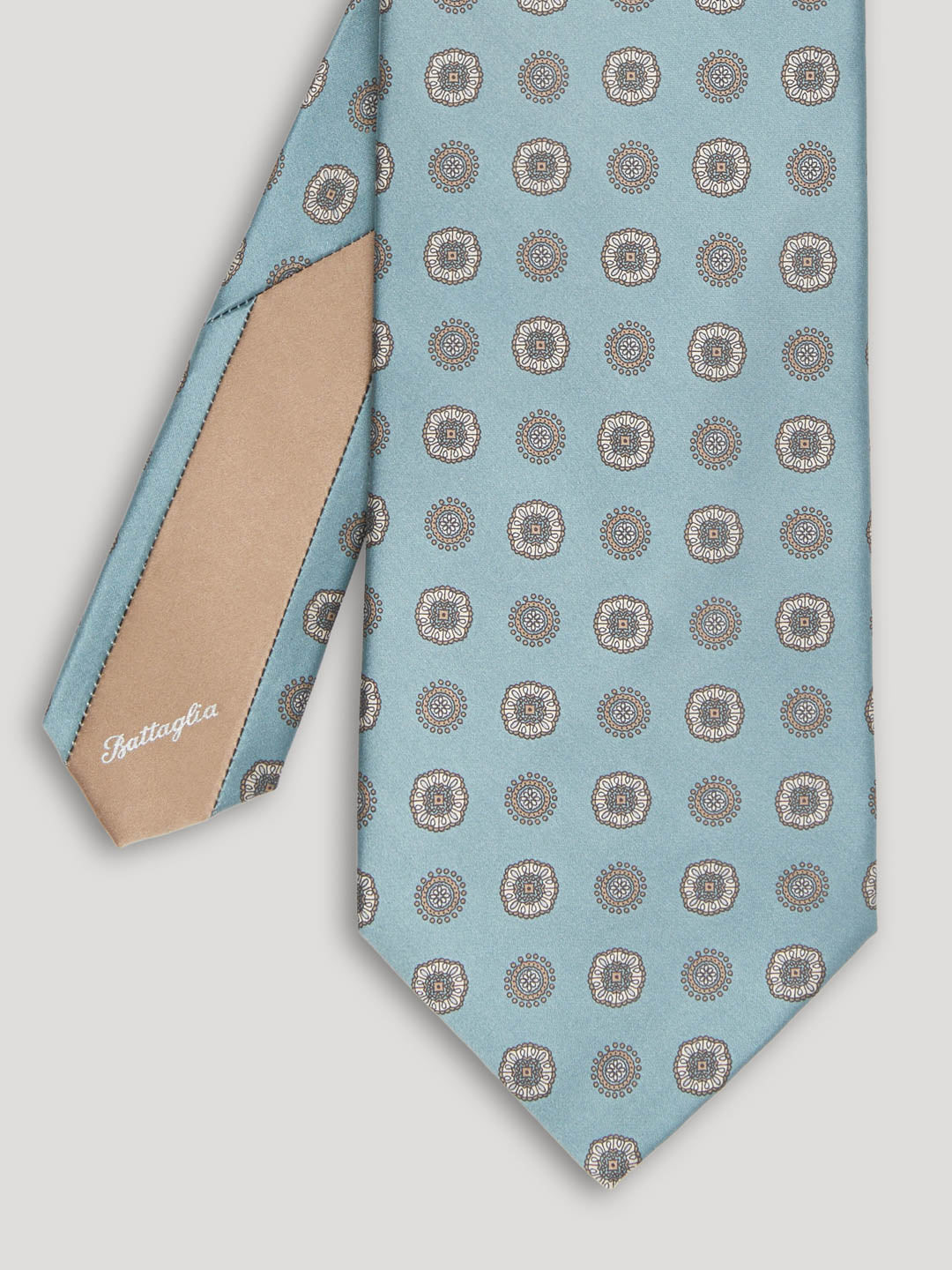 Silver, green and beige silk tie with large pattern