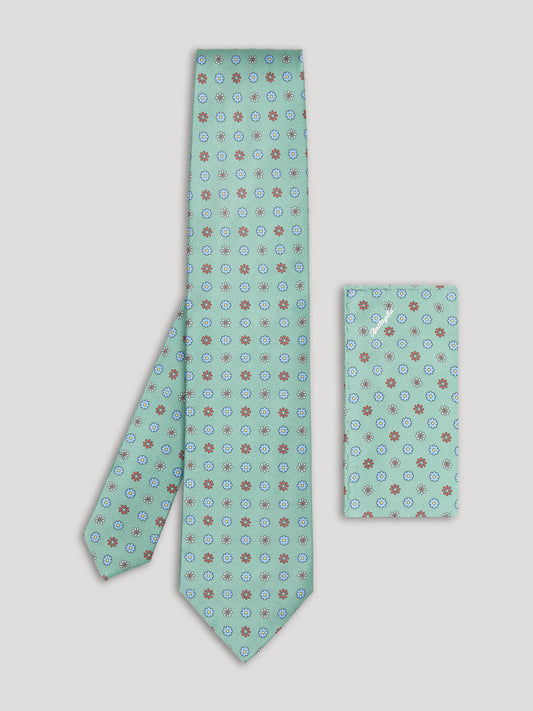 Red, green and blue silk tie with large pattern and matching handkerchief