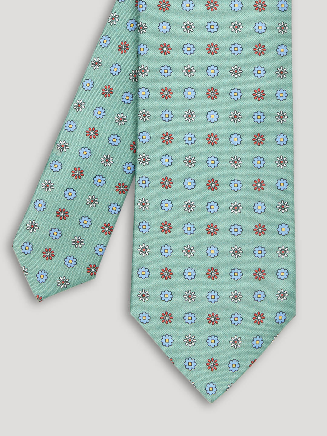 Red, green and blue silk tie with large pattern